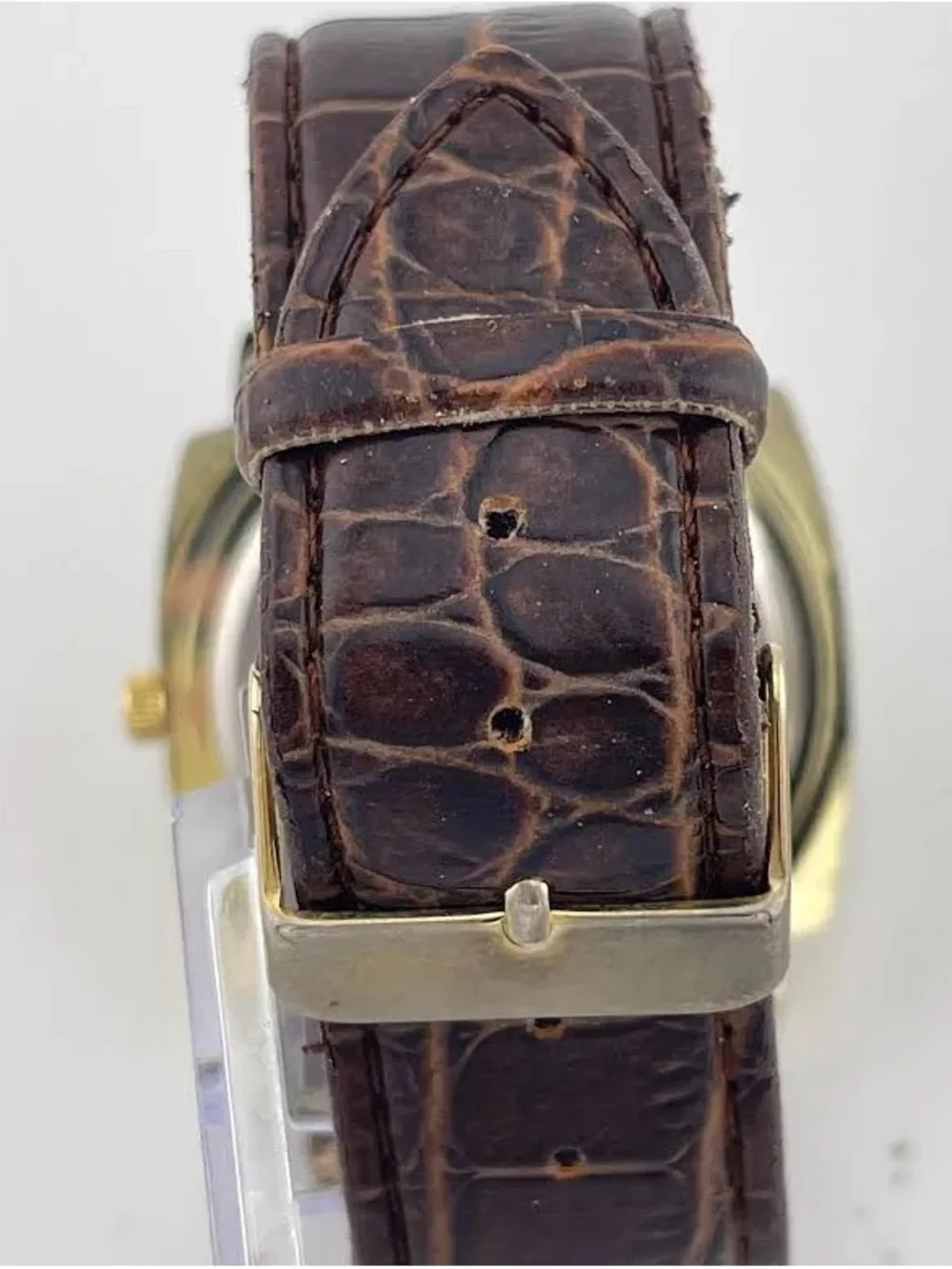 90’s Milagro Gold-Tone Black Dial Men's Watch with Brown Leather gator Strap - Picture 5 of 5
